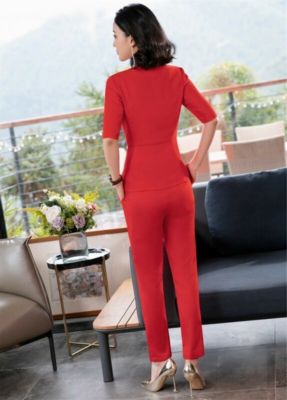 موضة الأحمر سليم رسمي المرأة بدلة عمل مع السراويل و القمم OL أنماط المهنية pantsuit الإناث بنطلون مجموعة بلازير