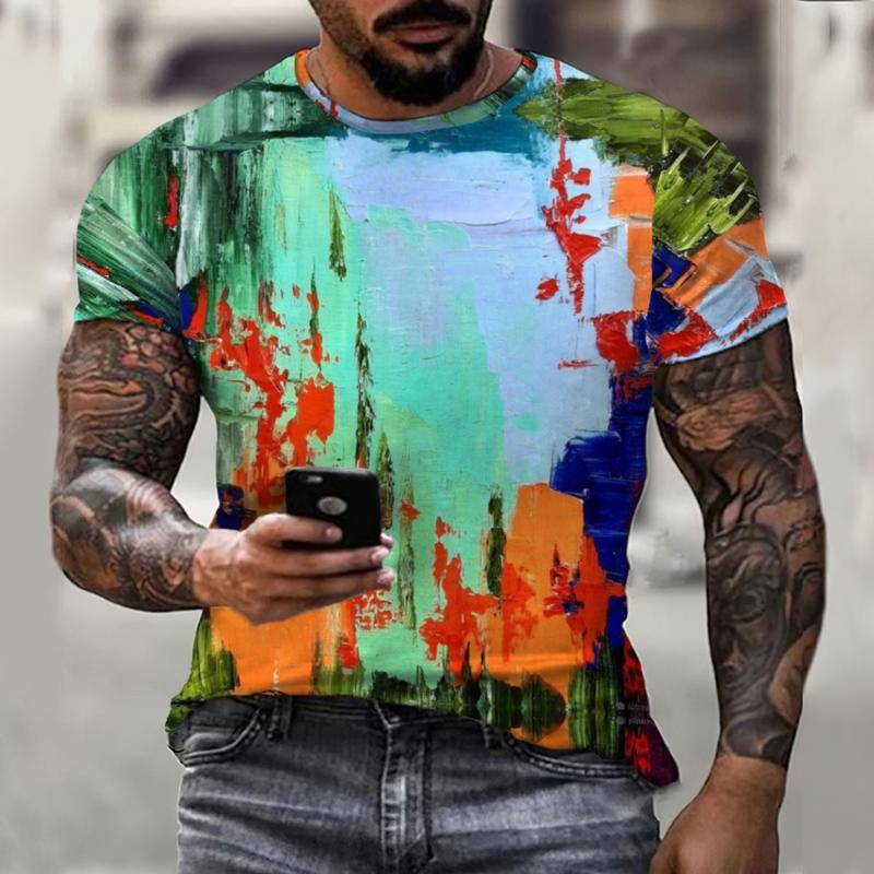 New colorful graffiti men's new summer 0-neck men's T-shirt 3D men's fashion street casual retro tops short sleeves