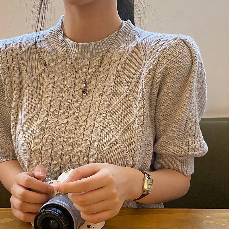Feminino francês branco simplicidade tricô camisola em torno do pescoço manga curta casual coreano vintage moda baggy senhoras topos verão