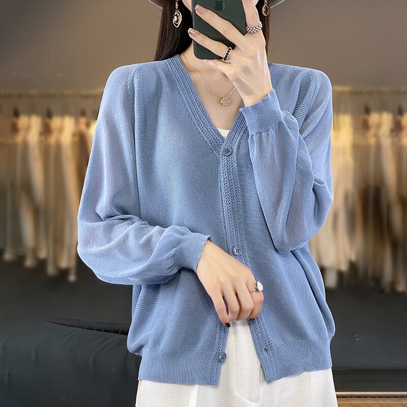 2023 Women's Cardigan Ultrafine Wool Knitted V-neck Sweater High Quality Thin Coat Jacquard Elegant Fashion Top Fit Versatile
