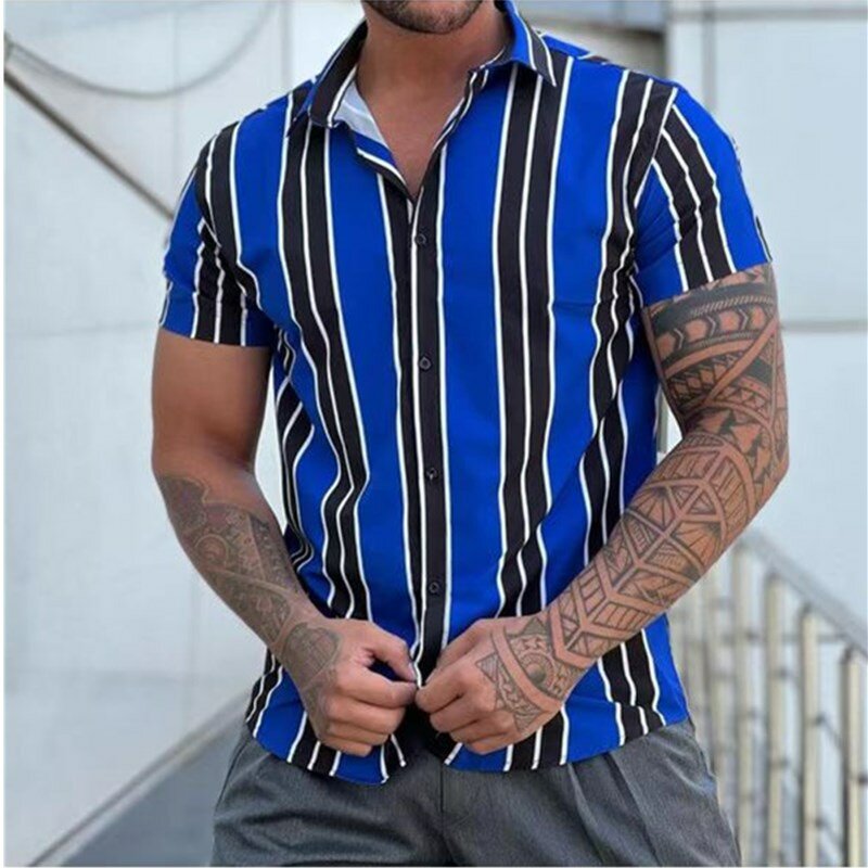Мужская рубашка в полоску, с коротким рукавом и отложным воротником, на пуговицах, весна-лето 2022