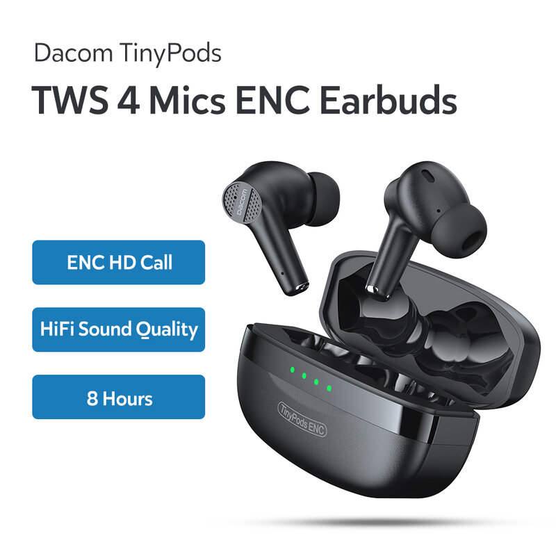 DACOM TinyPods ENC Earphone Noise Cancelling TWS Bluetooth 5.0 Earbud Bass True Headphone Stereo Nirkabel AAC Tipe C