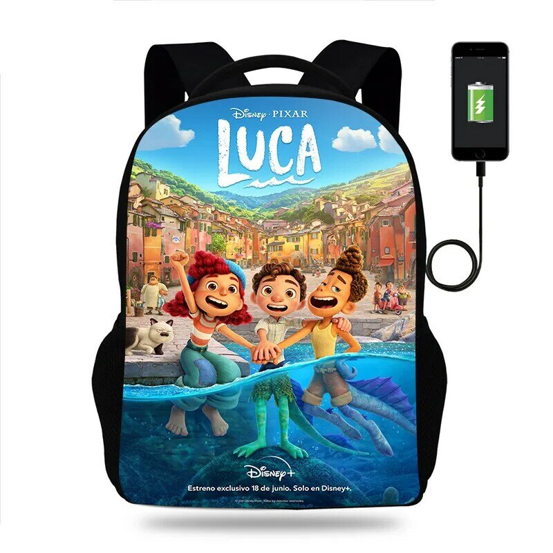 Genuíno disney novo luca mochila das crianças anime alberto mar monstro saco de escola com fone de ouvido jack cabo dados viagem mochilas