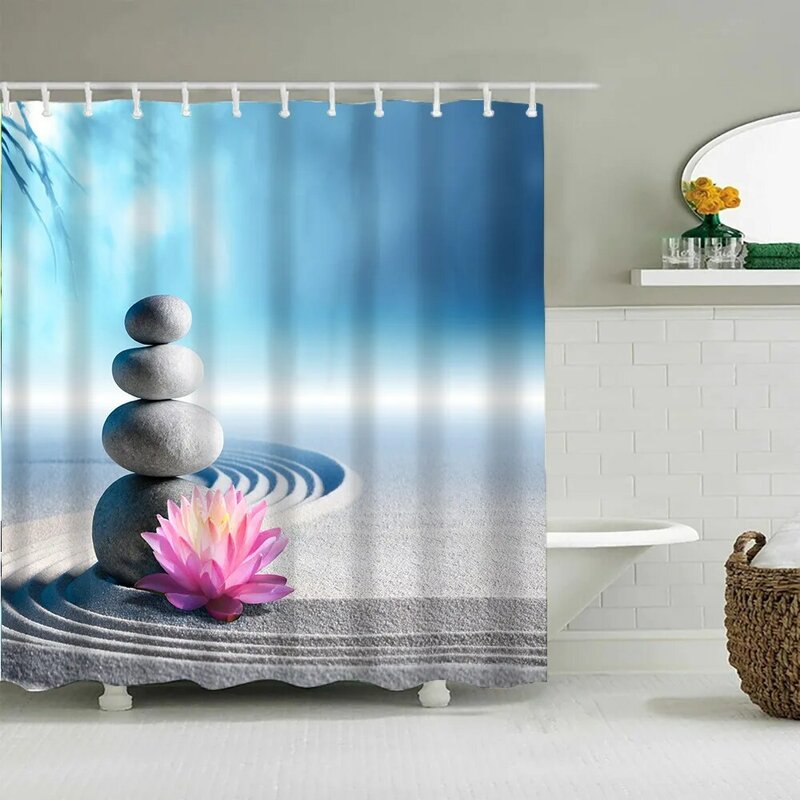 Cortina de ducha con diseño de flor de loto para baño, cortina de ducha de poliéster impermeable con ganchos, estilo rústico