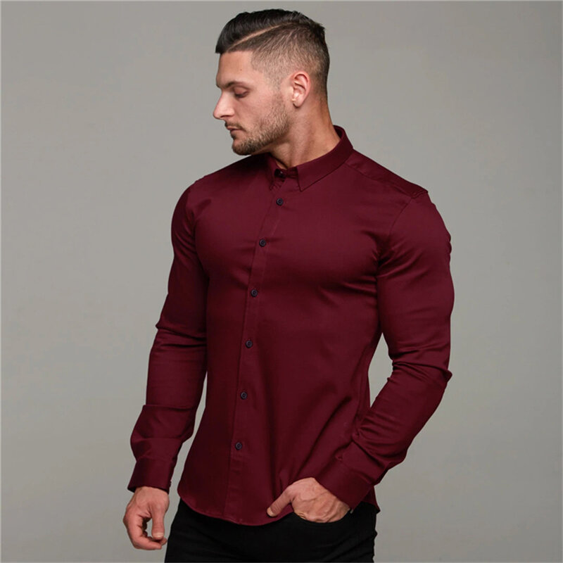 Camicia Casual tinta unita Super Slim Fit a maniche lunghe da uomo primavera autunno inverno camicia da uomo con colletto rovesciato di alta qualità