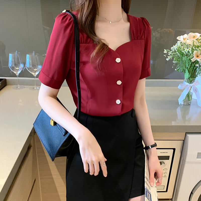Solid Color Short Sleeve Summer 2022 Woman's Shirts Tops Blouse Sweet Chiffon Blouse Wine Red Korean Camisas De Mujer 669F