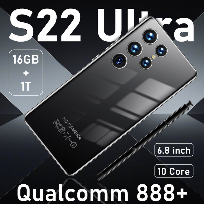 S22 Ponsel Pintar Ultra Versi Global Asli 16GB + 1TB Ponsel Sim Ganda Android Ponsel Tidak Terkunci 64MP 6800MAh 5G Sel