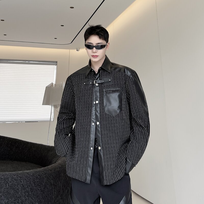 Eleganckie męskie koszule oryginalny projektant Patch materiał PU bluzka z długim rękawem cienki spadek duży Top Japan Style Dark Men Clothes