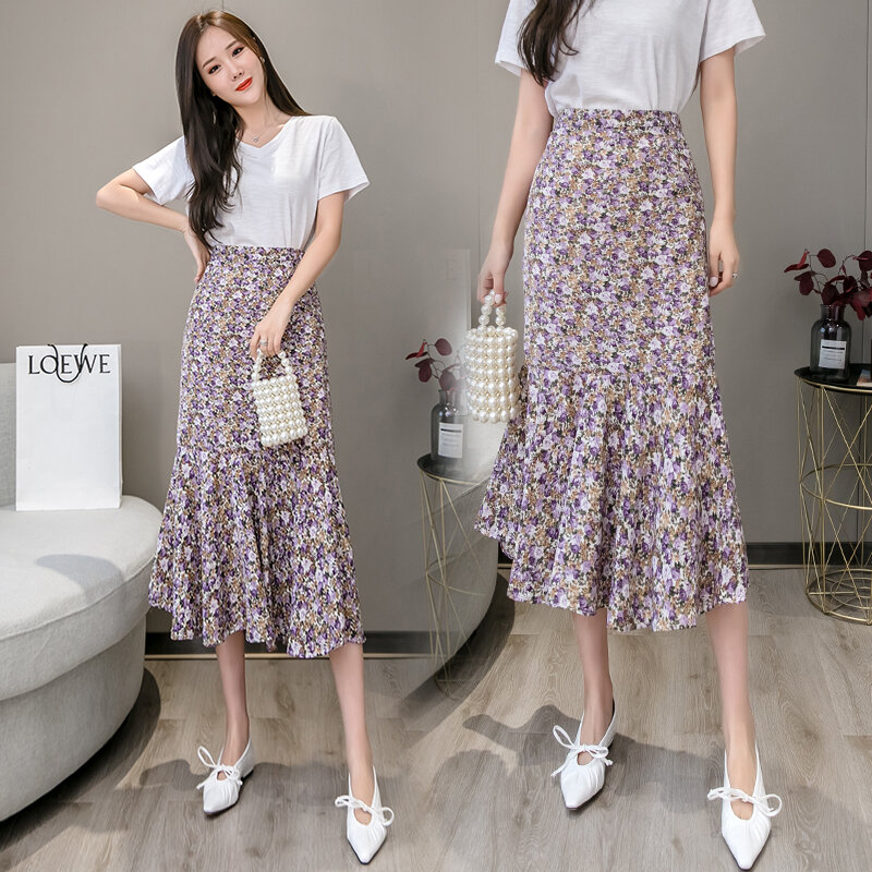 Wisher & Tong – jupe sirène pour femmes, taille haute, longue, florale, élégante, mode coréenne, en mousseline de soie, mi-longue, printemps été 2022