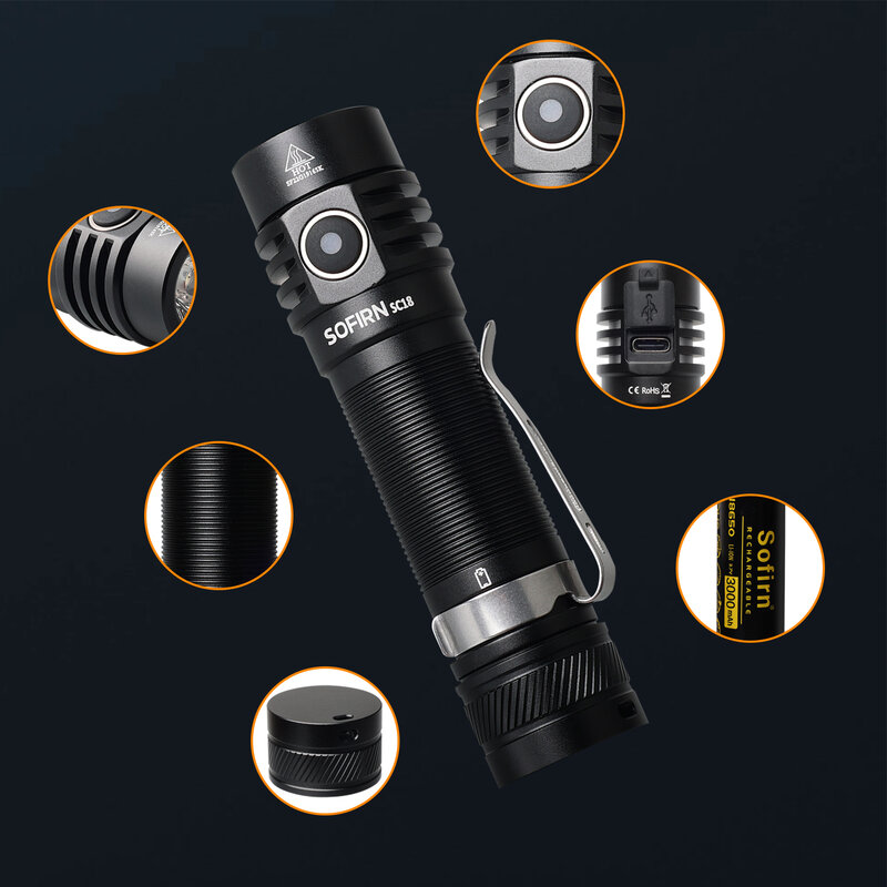 Sofirn – lampe de poche SC18, 1800lm, EDC, USB C, Rechargeable, SST40, LED 18650, torche optique, lentille, lanterne avec indicateur de puissance