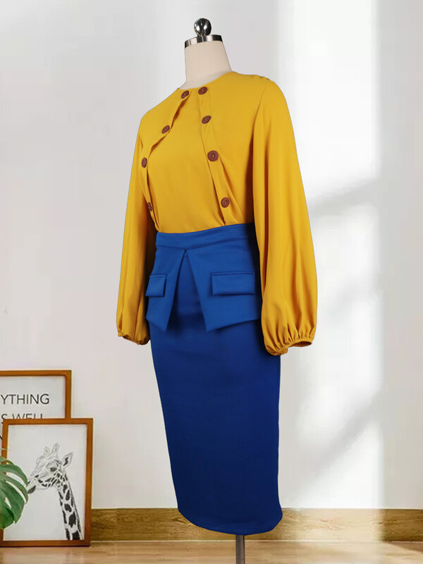 2 Piece Set Women Skirt and Top Yellow Blouses Long Lantern Sleeve Button Decoration Office Lady Work Wear Autumn Newest Female