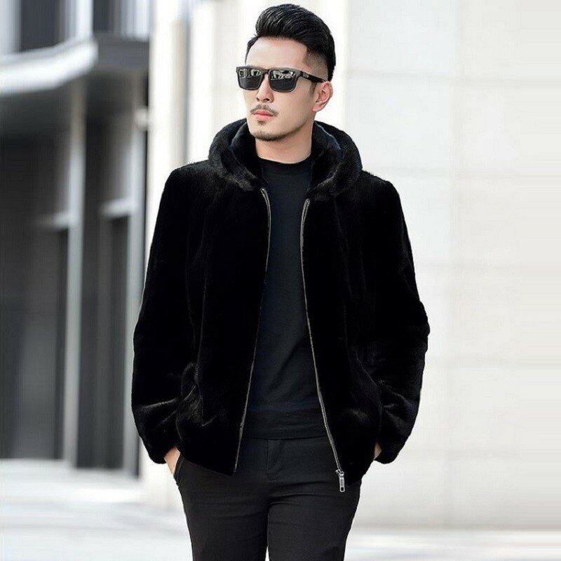 Giacca da uomo autunno e inverno cappotto di visone-Cashmere con cappuccio addensato Business Casual imitazione pelliccia cappotto invernale