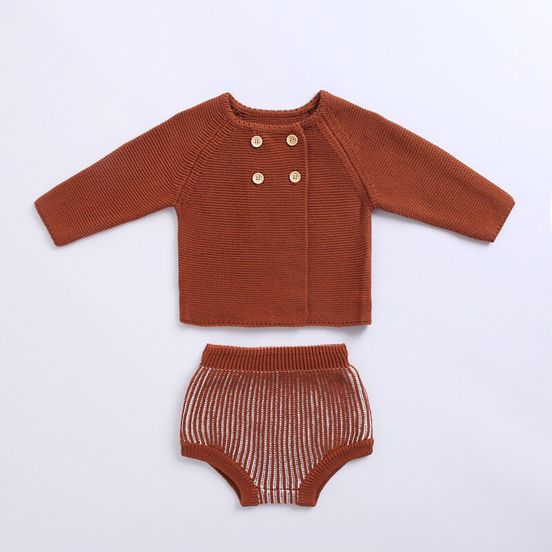 Conjunto de dos piezas para bebé, ropa infantil de algodón de punto, pantalones cortos con linternas, cárdigan de manga larga