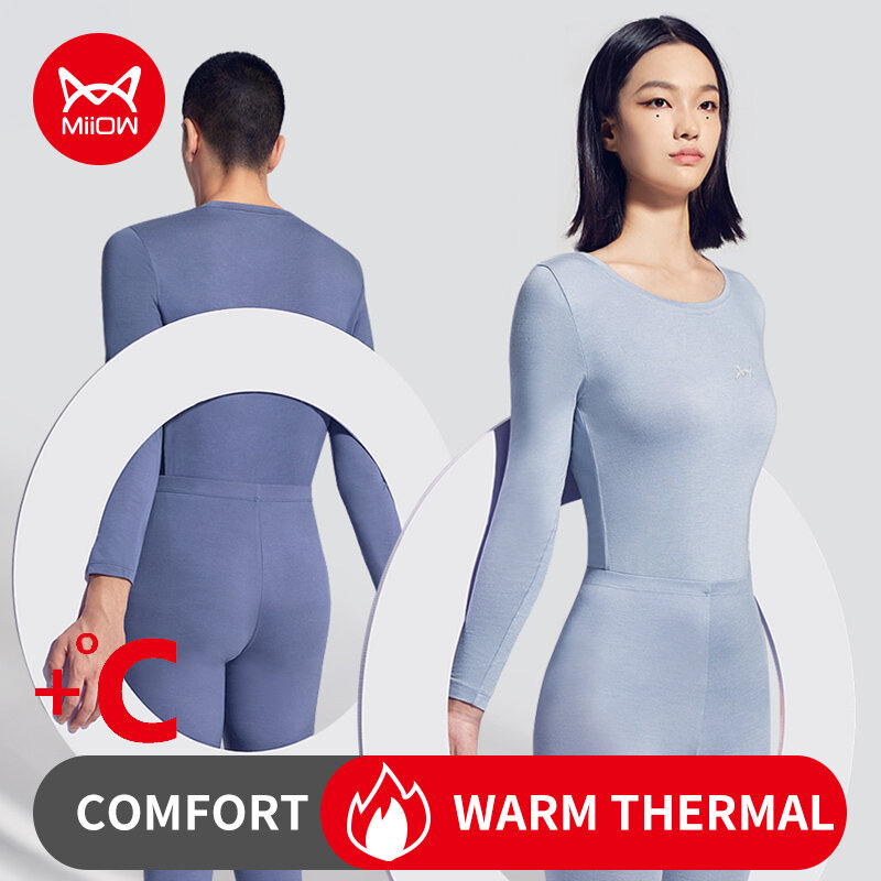 MiiOW Thermal Underwear Set Women & Men Winter Warm Shirt Round Neck Tracksuit Fleece Couple Solid Antibacterial Ladies Clothes
