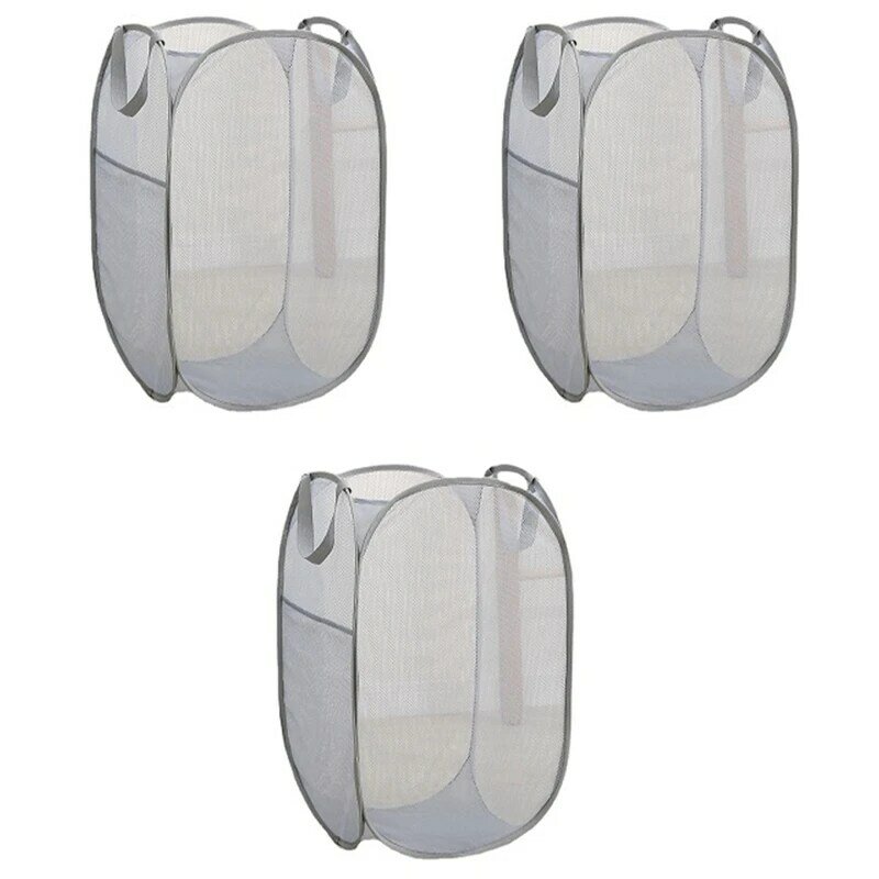 3 Pack Collapsible Laundry Basket Gray Collapsible Laundry Basket For Laundry With Side Pocket Reinforced Handles