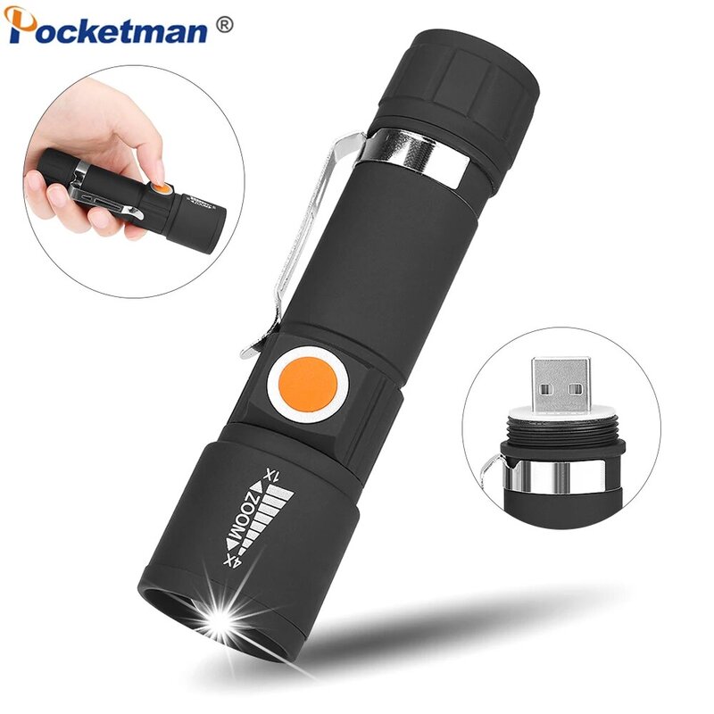 Przenośna latarka tylna USB latarka przenośna Zoom LED latarka tarkawodoodpornal z 3 trybami z wbudowaną baterią na kemping