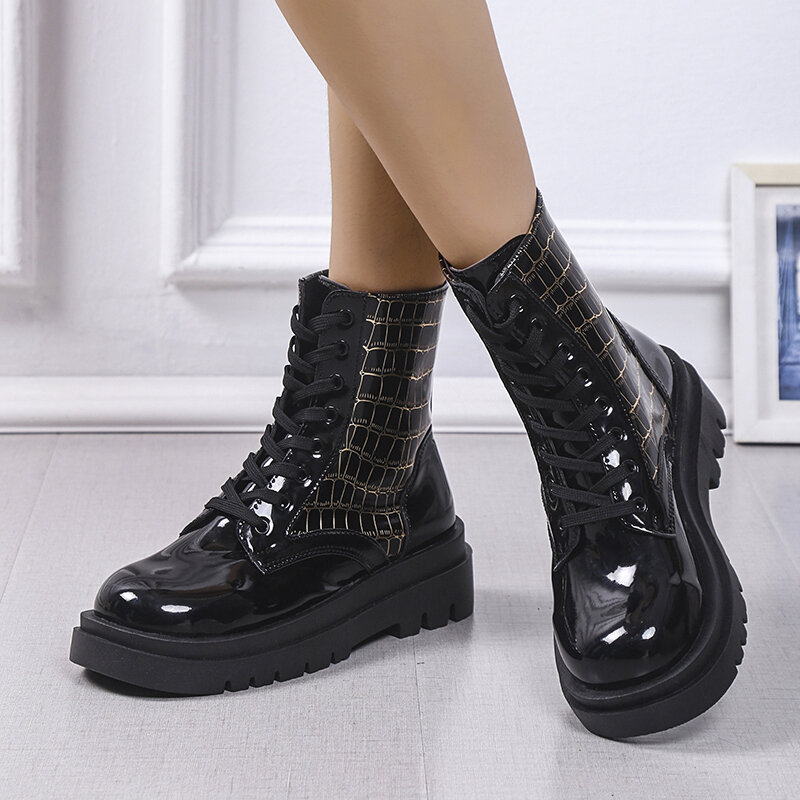2022 novas botas de couro de sola grossa novas botas femininas casuais moda feminina rendas-up botas altas náilon bolsa saltos planos botas