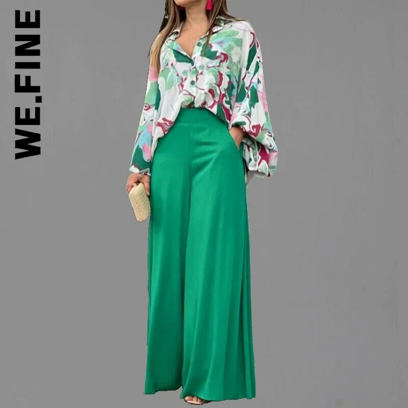 We.Fine Womens Puff Sleeve Shirt Office Outfit Solid Color Wide Leg Pants Fashion Two Piece Sets Sexy Long High Streetwear