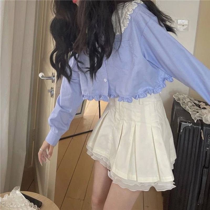 Houzhou kawaii camisa branca feminina plissado rendas retalhos lolita blusa doce estilo preppy topos azul peter pan colarinho manga longa