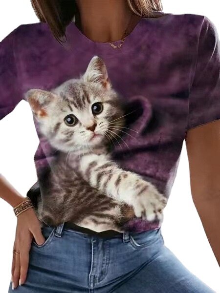 XS-8XL 맞춤형 고양이 프린트 셔츠, 루즈 캐주얼 반팔 라운드넥 티셔츠, 올 매치 상의, 여성 의류, 2023 패션