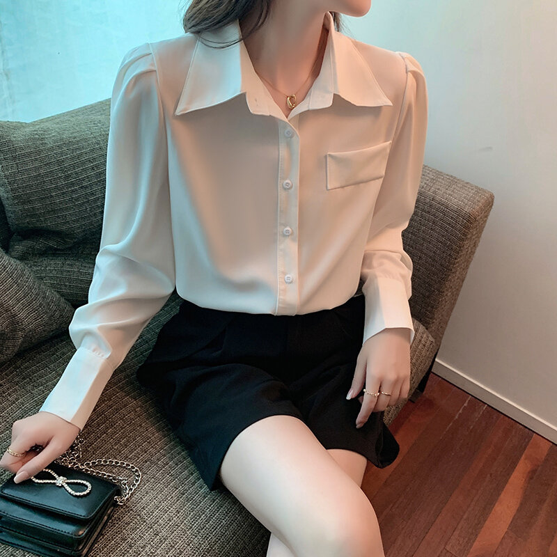 Camisa clásica Lisa para Mujer, ropa de trabajo de oficina con cuello cuadrado, blusa de manga larga abombada, Top con cuello vuelto, primavera y verano