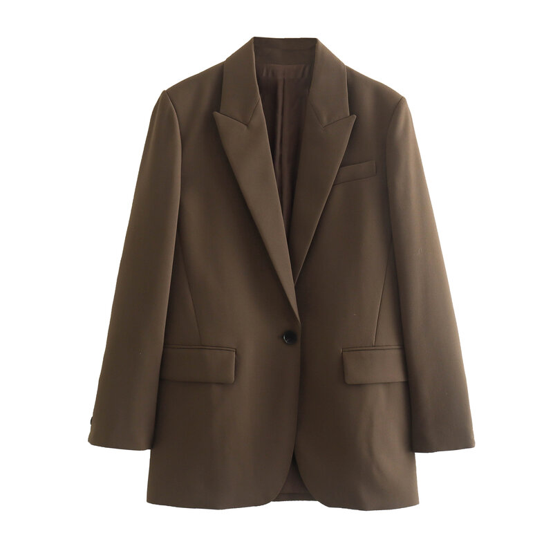 Женский пиджак с отложным воротником PB & ZA, повседневный пиджак коричневого цвета на одной пуговице с длинным рукавом, пальто, 2022