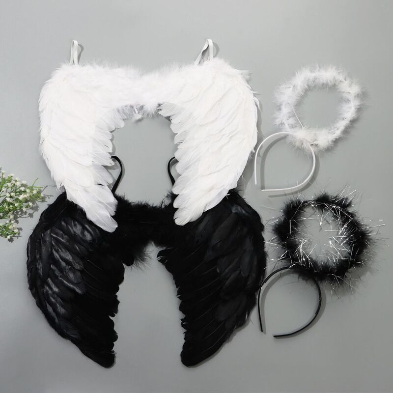 Preto branco cosplay fontes de festa de fadas vestido fantasia adereços halloween traje penas asas anjo & halo