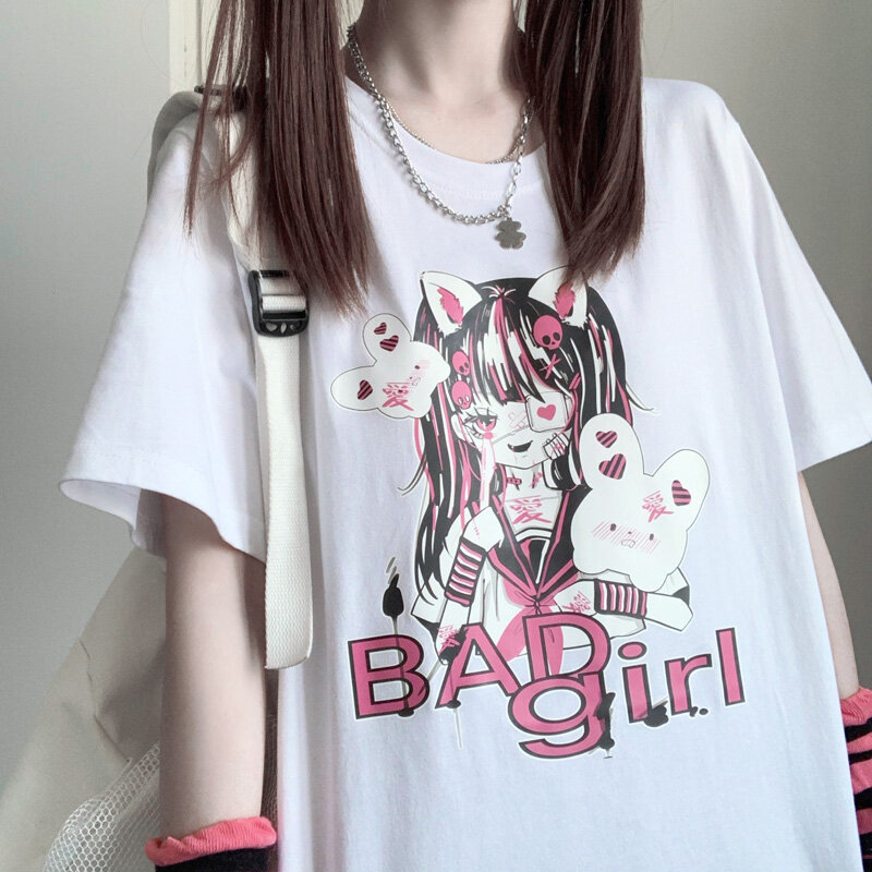 Kaus Wanita Goth T-shirt Besar Longgar Estetis Atasan Wanita Streetwear Grunge Hitam T-shirt Gotik Pakaian Harajuku Y2k