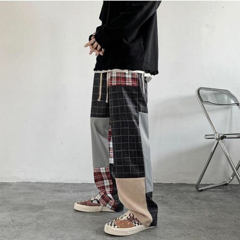 Patchwork Plaid Streetwear pantaloni uomo coreano Harajuku pantaloni gamba larga contrasto colore coulisse sciolto Oversize Hip Hop
