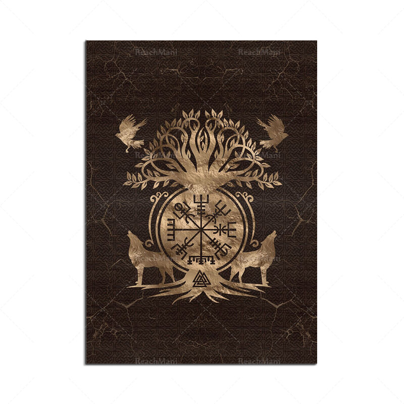 Valknut สัญลักษณ์และ Crows และหมาป่า,กวาง,Tree Of Life,Odin 'S Gunnir หอก,thor,Viking เข็มทิศ Wall Art โปสเตอร์ตกแต่ง