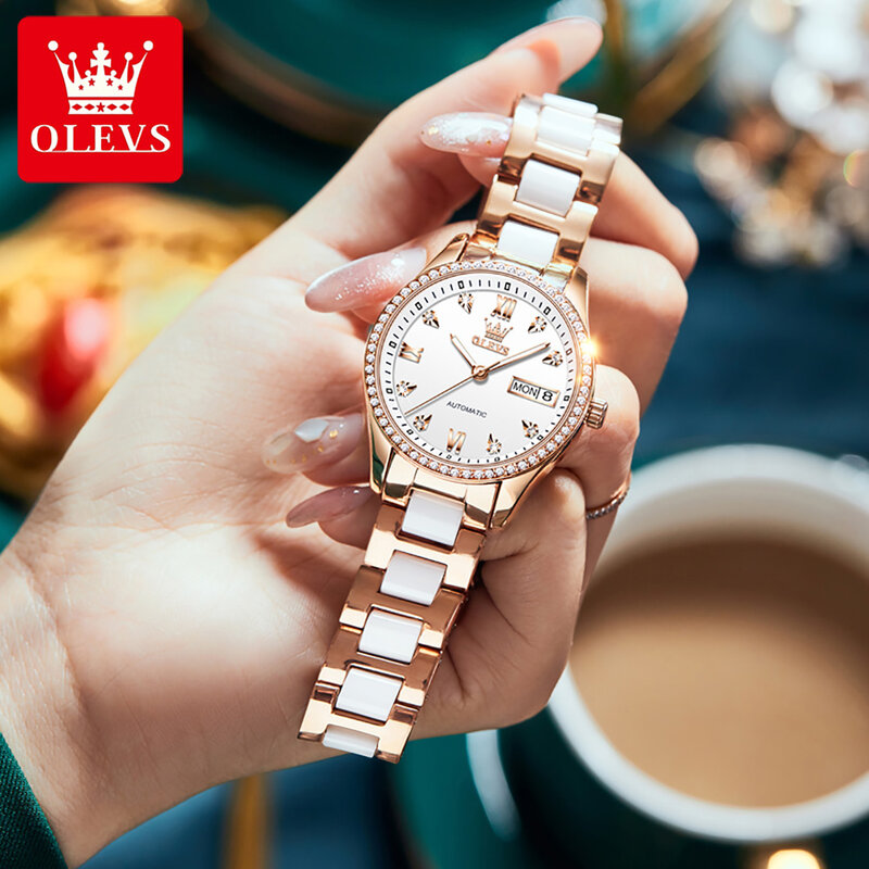 Olevs à prova dwaterproof água moda feminina relógios de pulso completo-automático de alta qualidade automática mecânica relógio de cerâmica para mulher