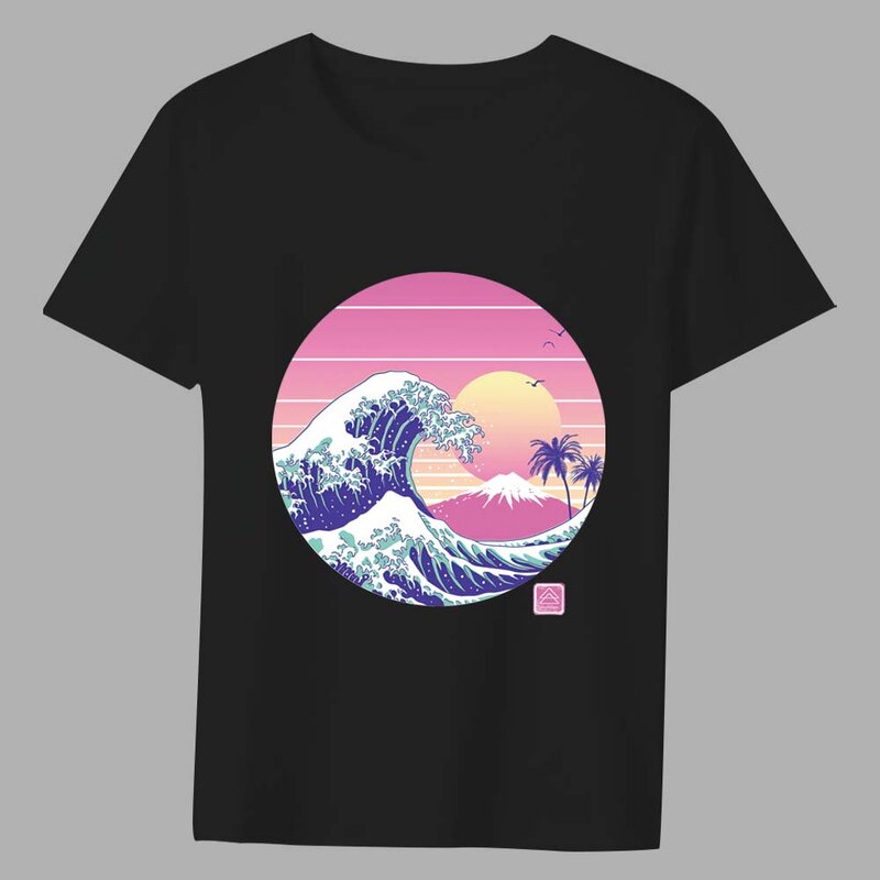 Camiseta clásica negra para hombre, ropa de calle de Anime, puesta de sol, serie Wave, informal, Simple, cuello redondo, para jóvenes, Top cómodo