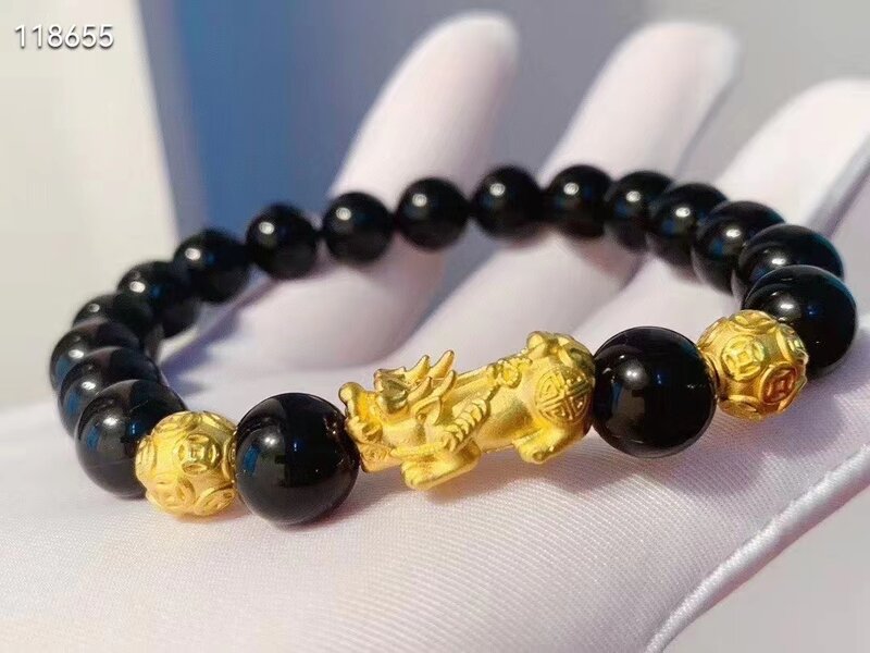 24k ouro puro a antiga besta pulseiras 999 ouro mulher jóias transporte grânulo obsidian frisado pulseira shenzhen cn (origem)