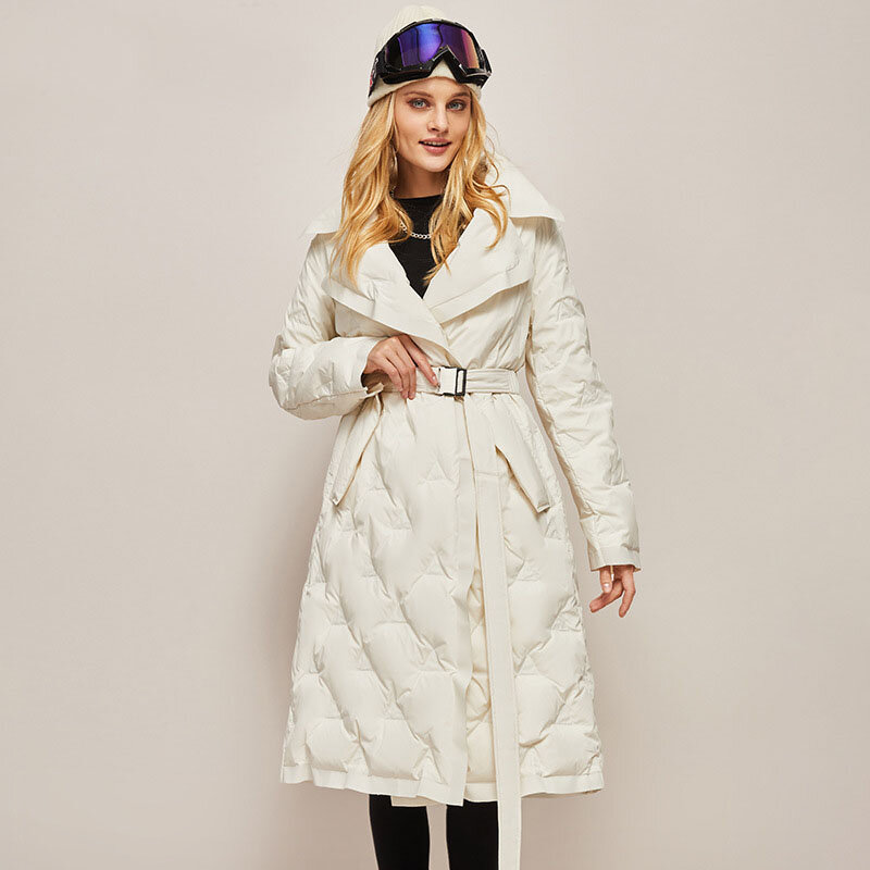 Длинная зимняя куртка-парка на белом утином пуху, Женские приталенные куртки с поясом, свободные толстые теплые прочные пальто с защитой от холода
