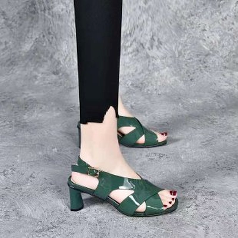 Zapatos de cuero cómodos para mujer, Sandalias de tacón medio con punta abierta hueca y Tacón cuadrado, calzado de verano