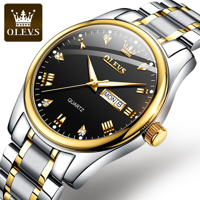 OLEVS wodoodporny zegarek kwarcowy dla mężczyzn biznes stal nierdzewna stalowy pasek złoty diament inkrustowane świetna jakość męskie zegarki na rękę