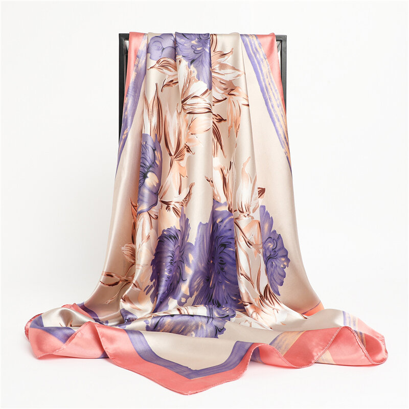 Bufanda cuadrada de seda satinada con estampado Floral para mujer, pañuelo de lujo, Hijab, diadema, chal, Foulard