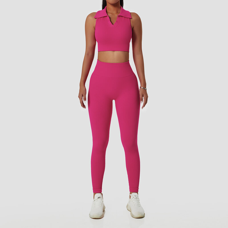 Женский комплект для йоги из двух предметов, облегающий спортивный жилет с лацканами, бесшовные леггинсы с высокой талией, одежда для трени...