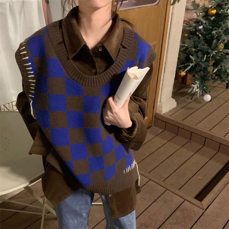 Szachownica Plaid sweter kamizelki 2022 moda cały mecz Streetwear Chic koreański styl rozrywka Vintage luźna dzianina Ulzzang Ins