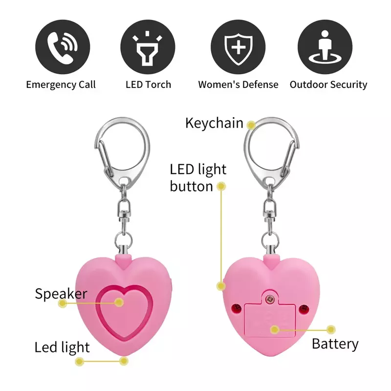 1pc 130db Self Defense Alarm Super Loud Alarm Keychain Personal Safety Heart-shaped Alarm With LED Light For Women Child Elder
