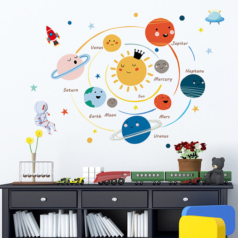 Pegatinas de pared de sistema Solar pintadas a mano de dibujos animados para guardería, habitación de niños, decoración de estudio, diseño extraíble DIY