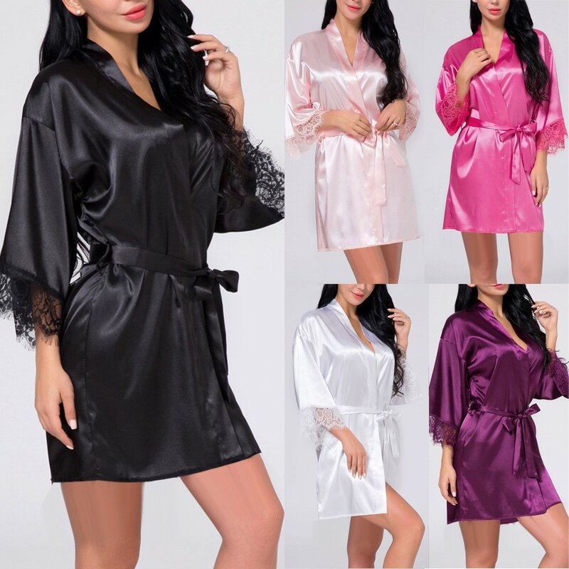 Women Lingerie Satin Robes Sexy Intimate Lace Nightdress Nightwear Sleepwear Night Gown Erotic Underwear Bathrobe Pajamas