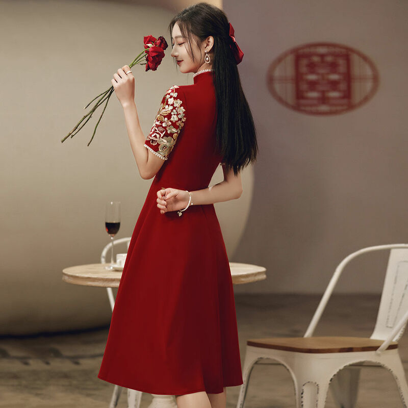 ETESANSFIN Summer Women’S  Wine Red Toast /Wedding/Engagement/Daily Life Dress-Wonderful Stand-Up  Collar
