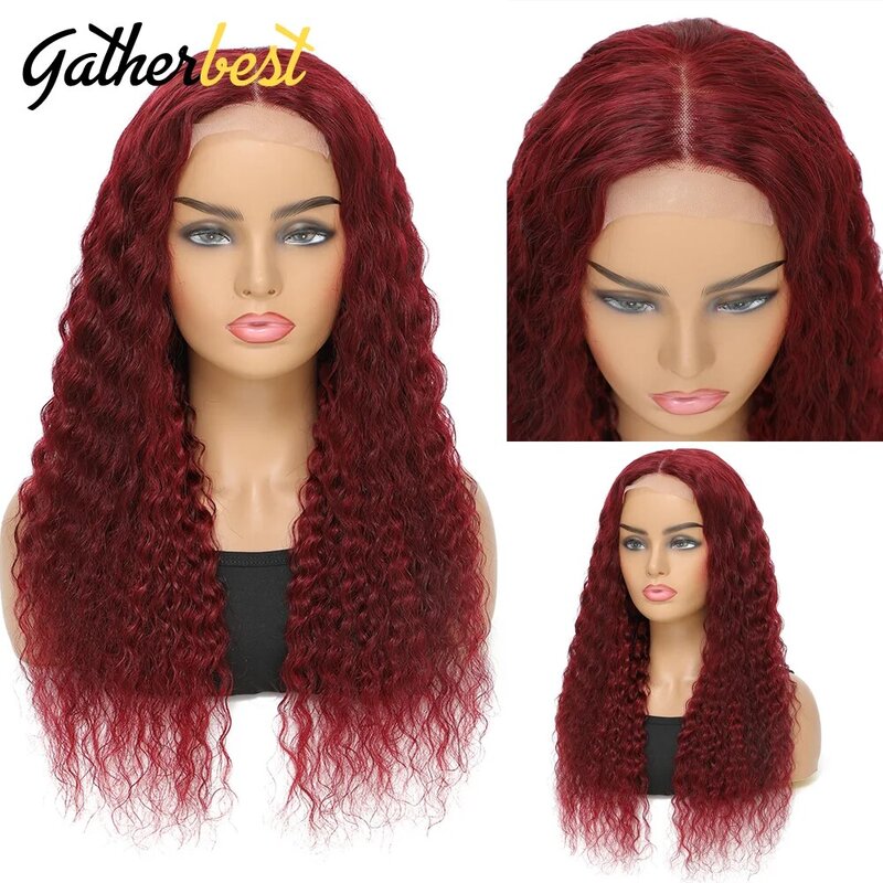 Deep Wave Frontal Wig Burgundy Lace Front Wig Human Hair 5x5 Lace Closure Wig For Women 딥 컬리 HD 레이스 가발, 13x6 인모
