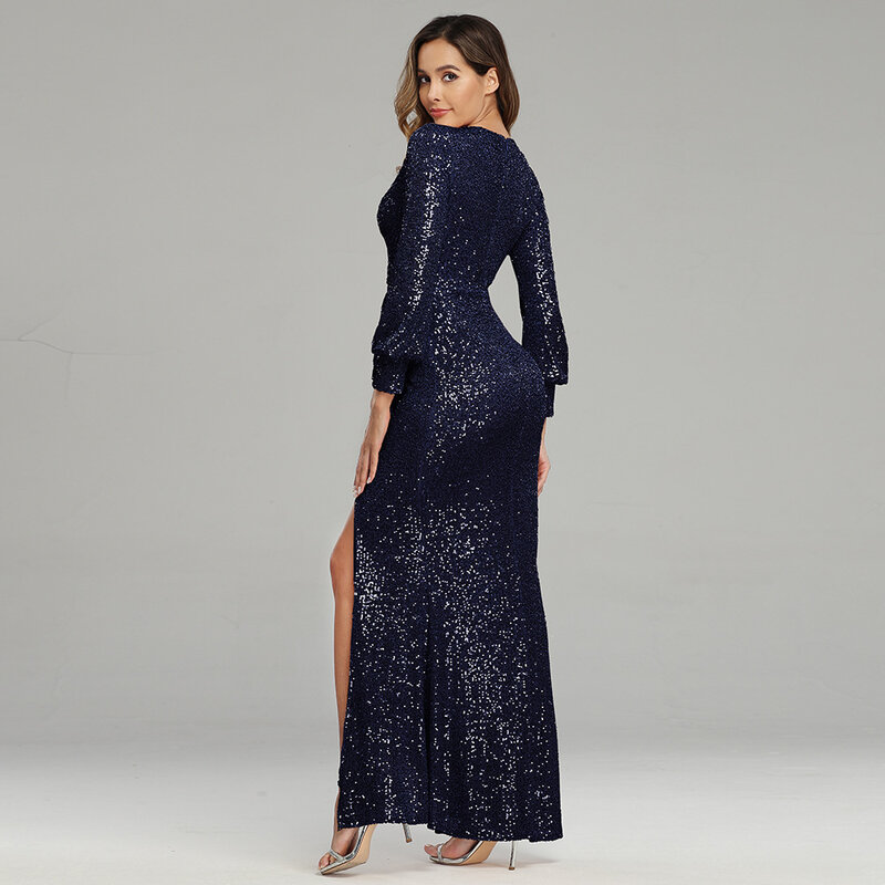 V-Neck Sequined Lace Mermaid Party Dresses Long Sleeves Front Split Sexy Evening Dress Women Formal Dress
