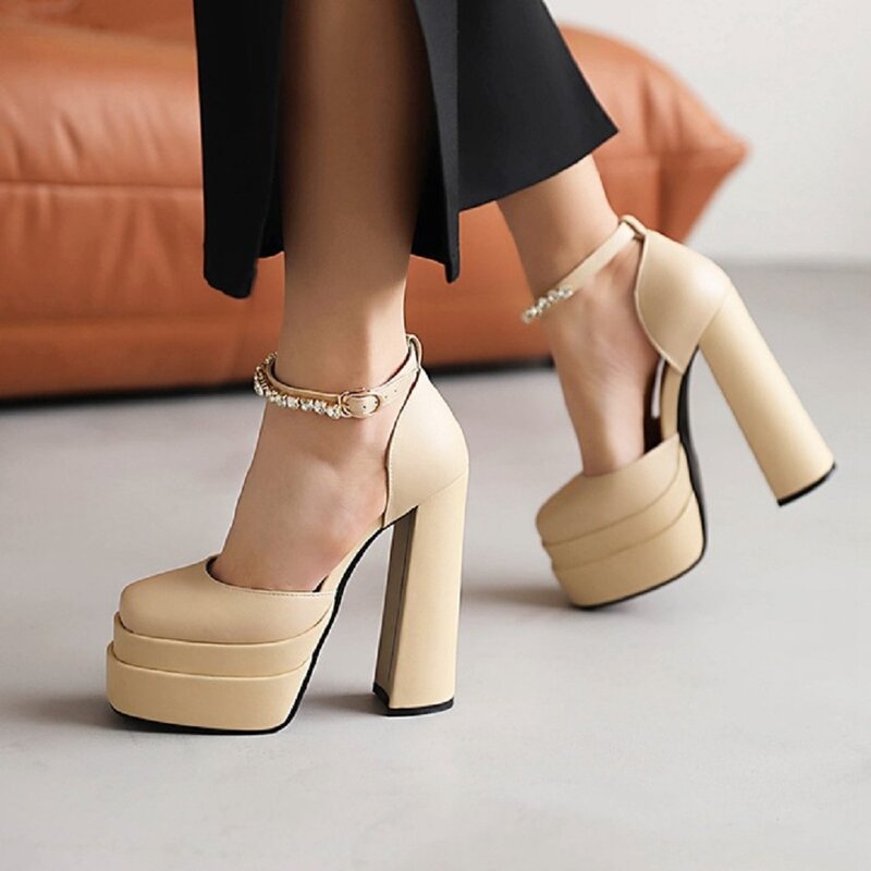 Zapatos de plataforma con punta cuadrada para mujer, calzado de diseñador con diamantes de imitación, sandalias de fondo grueso de Color caramelo, zapatos de boda de lujo para fiesta