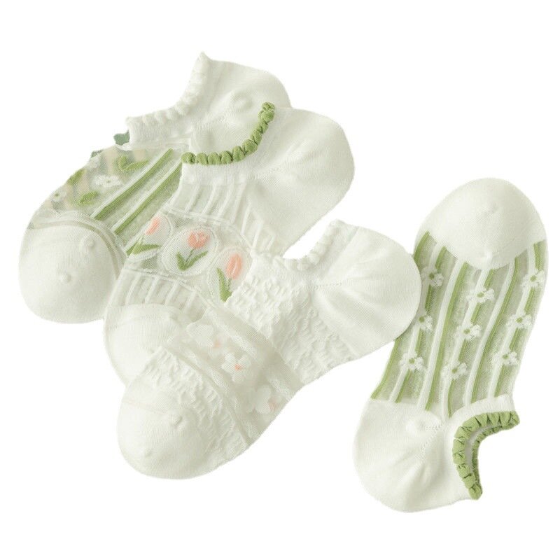 Meias femininas nova moda flor de cristal de vidro meias de seda japonês bonito boca rasa invisível barco meias simples menina
