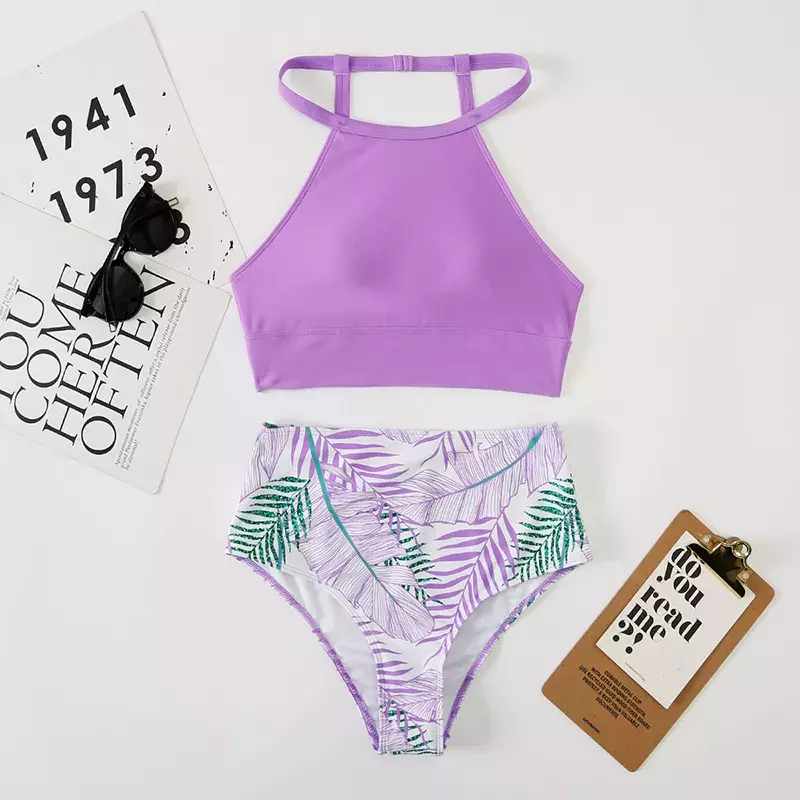 Conjunto de Bikini de cintura alta para mujer, traje de baño de dos piezas con cuello Halter y hojas marrones, ropa de baño brasileña Sexy, ropa de playa 2022