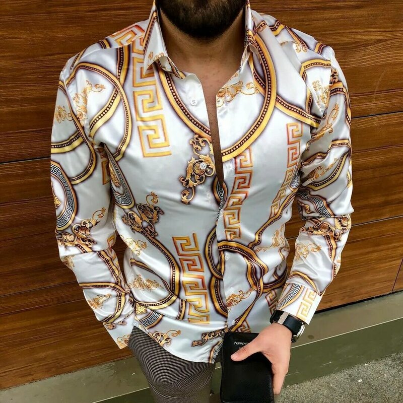 2022 nowa jesienna symbol elementu koszule drukowane mężczyźni z długim rękawem Slim Casual Dress Shirt vintage luźne guziki do odzieży S-3XL