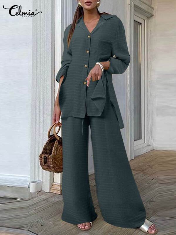 Celmia Casual Lapel asymetryczna szczelina koszula z długim rękawem i szerokie nogawki długie spodnie 2 sztuk zestawy pasiasta kieszeń kobiety moda Pant zestawy